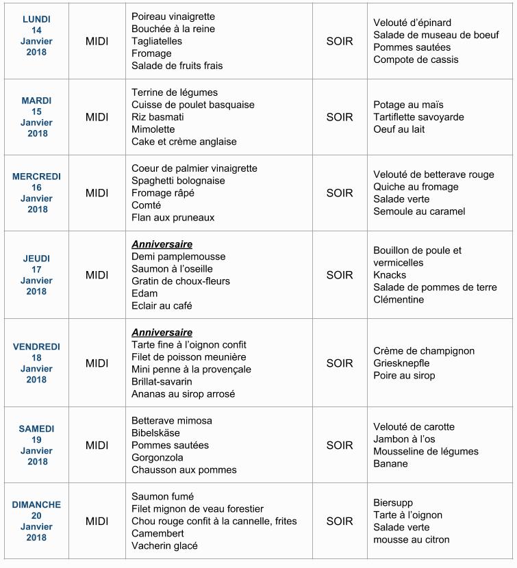 Menu de la semaine