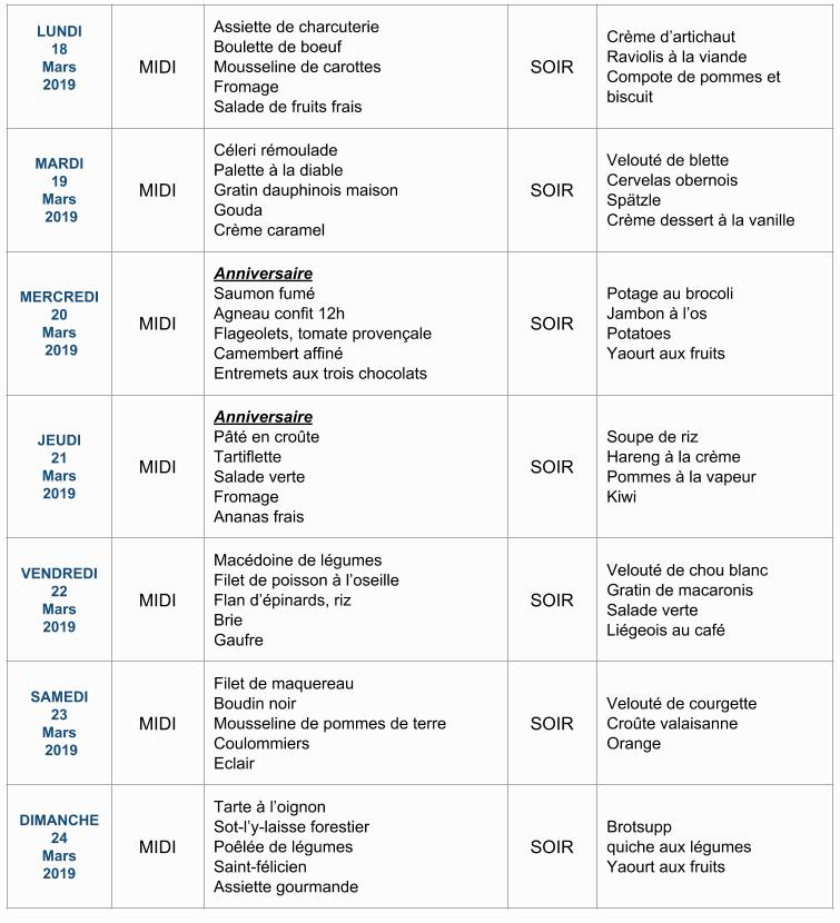 Menu de la semaine
