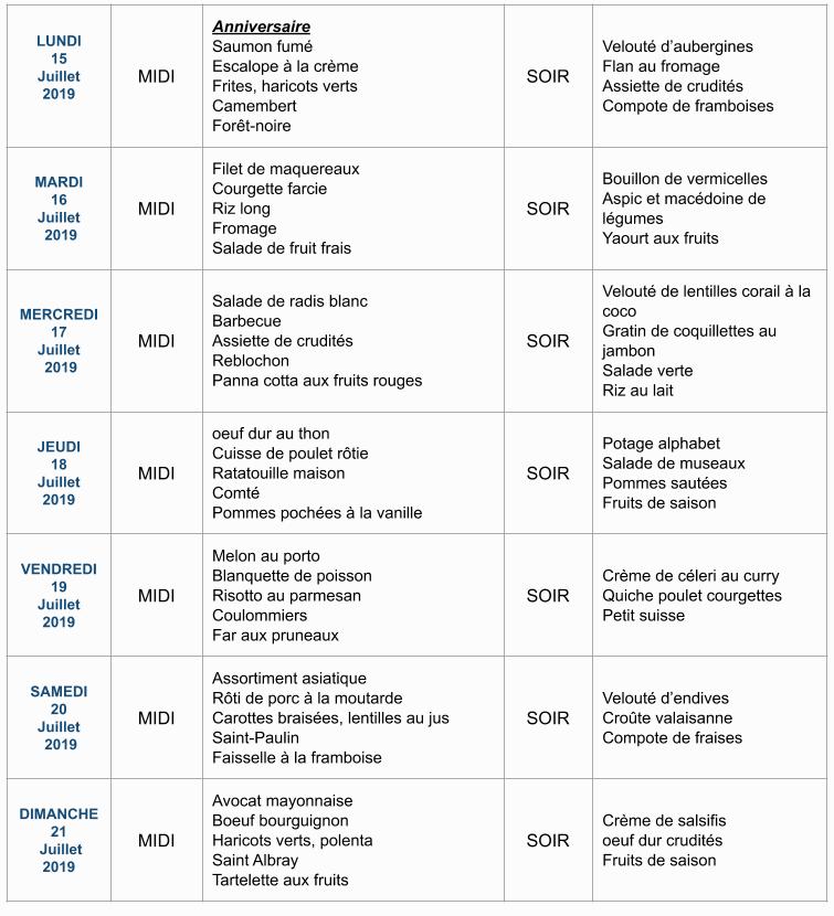 Menu de la semaine