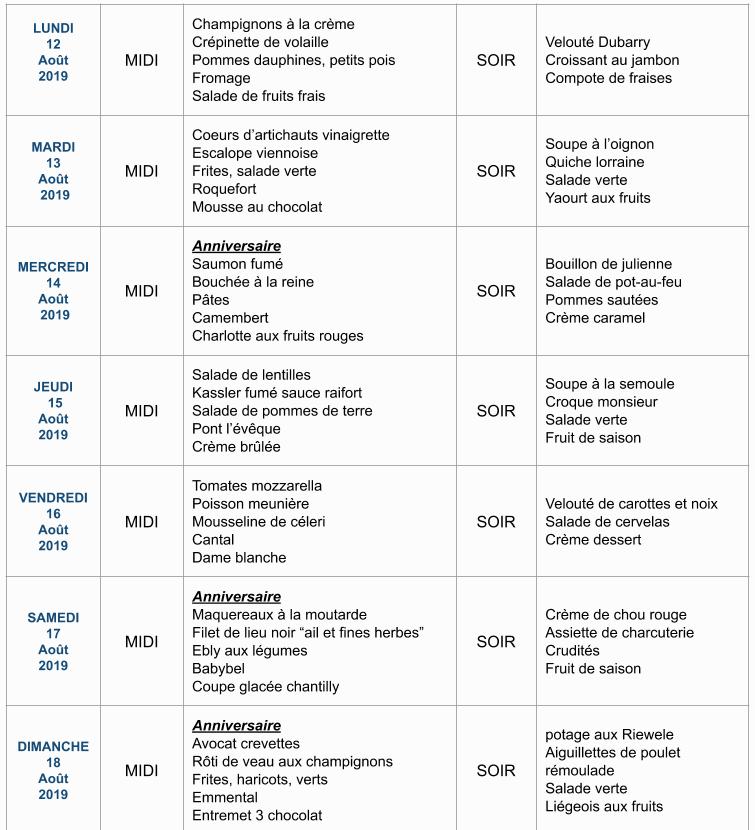 Menu de la semaine