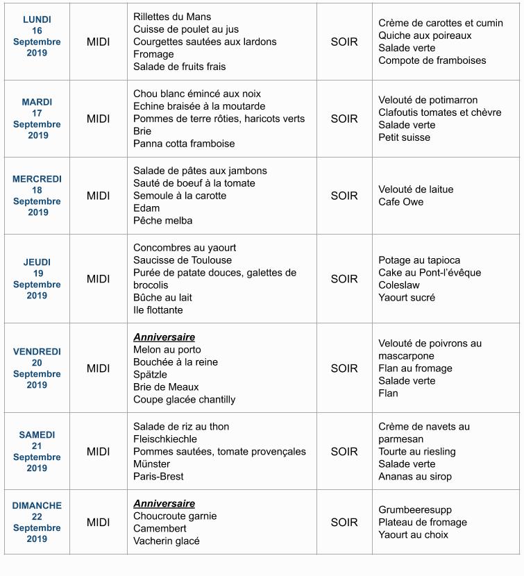 Menu de la semaine