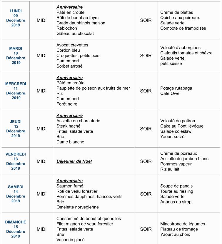Menu de la semaine