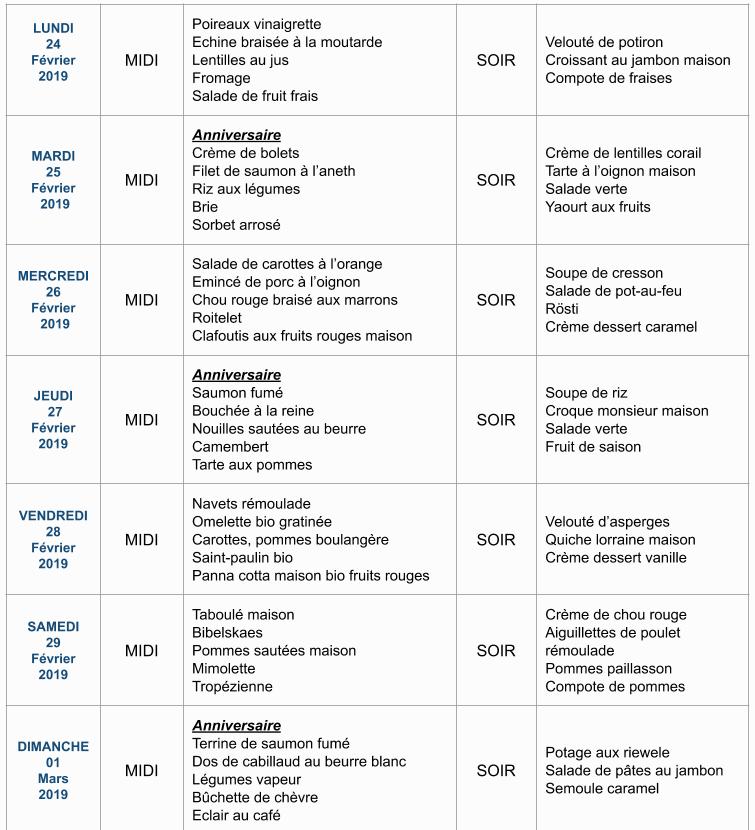 Menu de la semaine