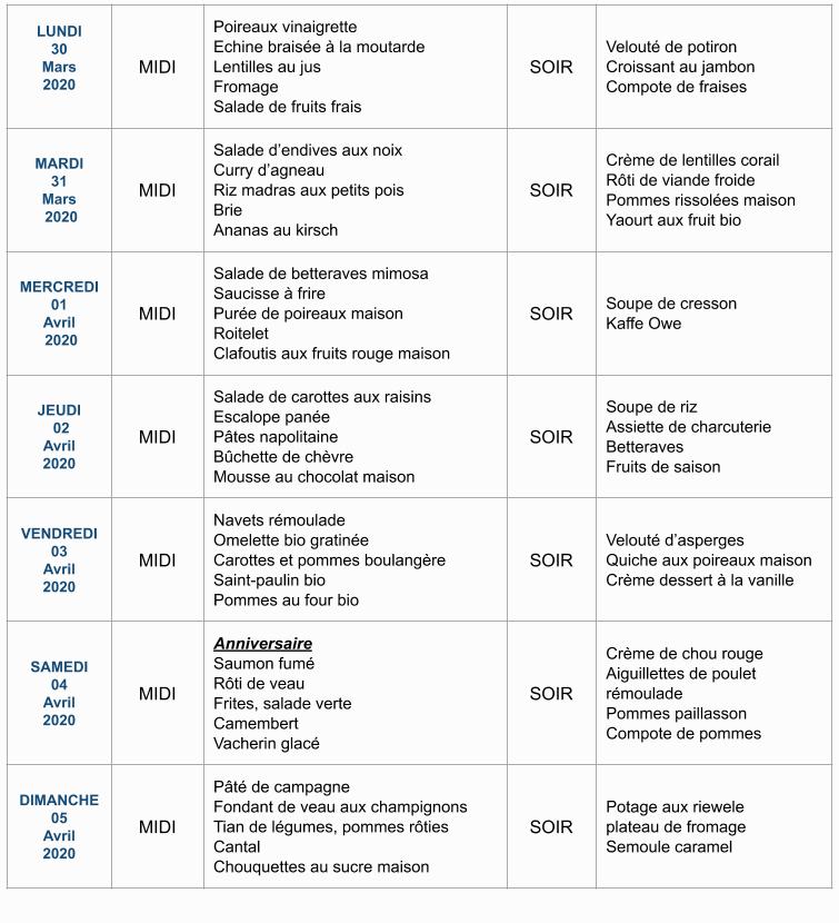 Menu de la semaine