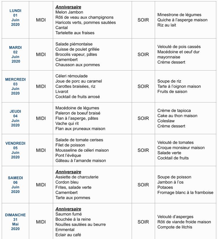 Menu de la semaine