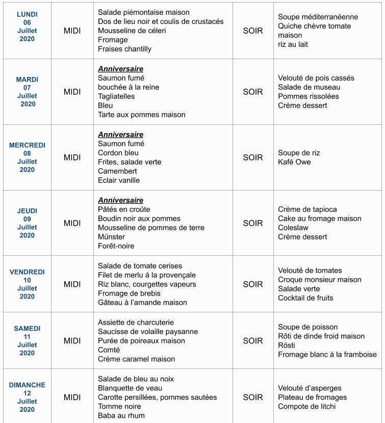 Menu de la semaine