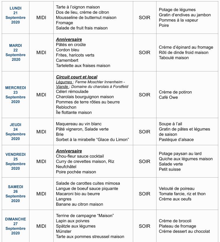 Menu de la semaine