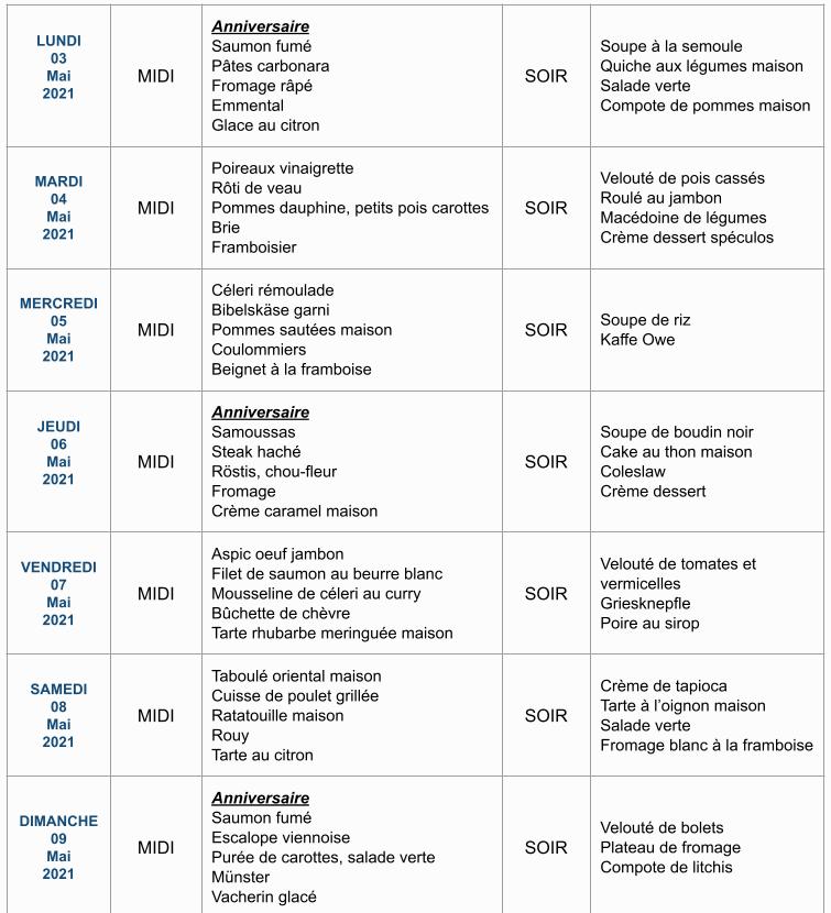 Menu de la semaine