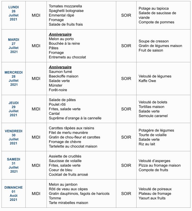 Menu de la semaine